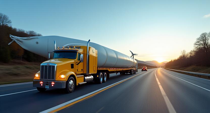 Convoy of specialized trucks transporting wind turbine blades through a complex intersection