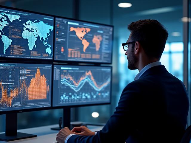 Logistics manager analyzing global freight data on multiple monitors with digital overlays